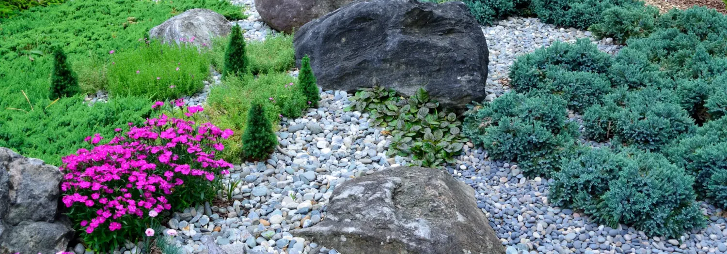 Lush Pacific Northwest landscape featuring garden beds, decorative rock and bark